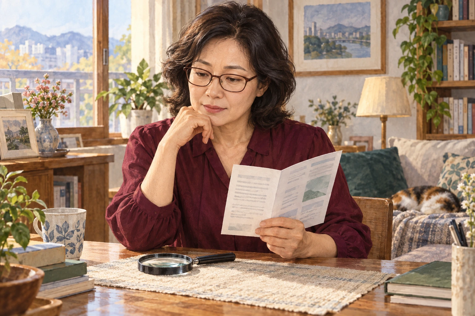 작은 글씨를 확인하는 연주