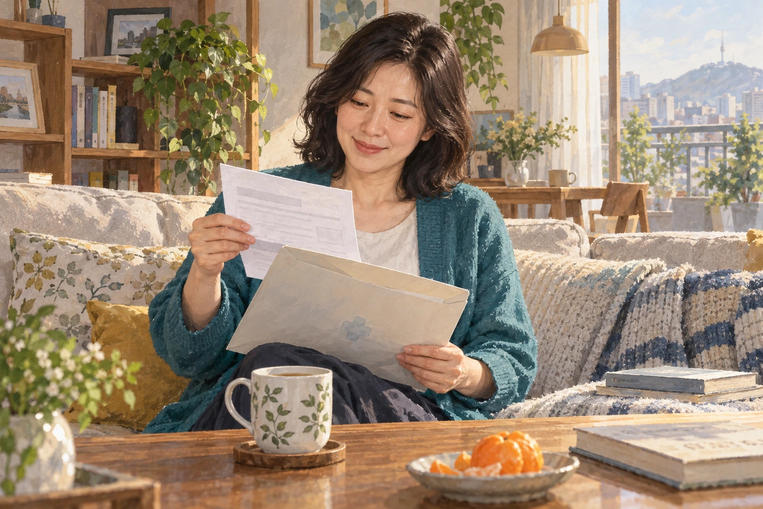 퇴원 봉투를 열어 서류를 살피는 미라