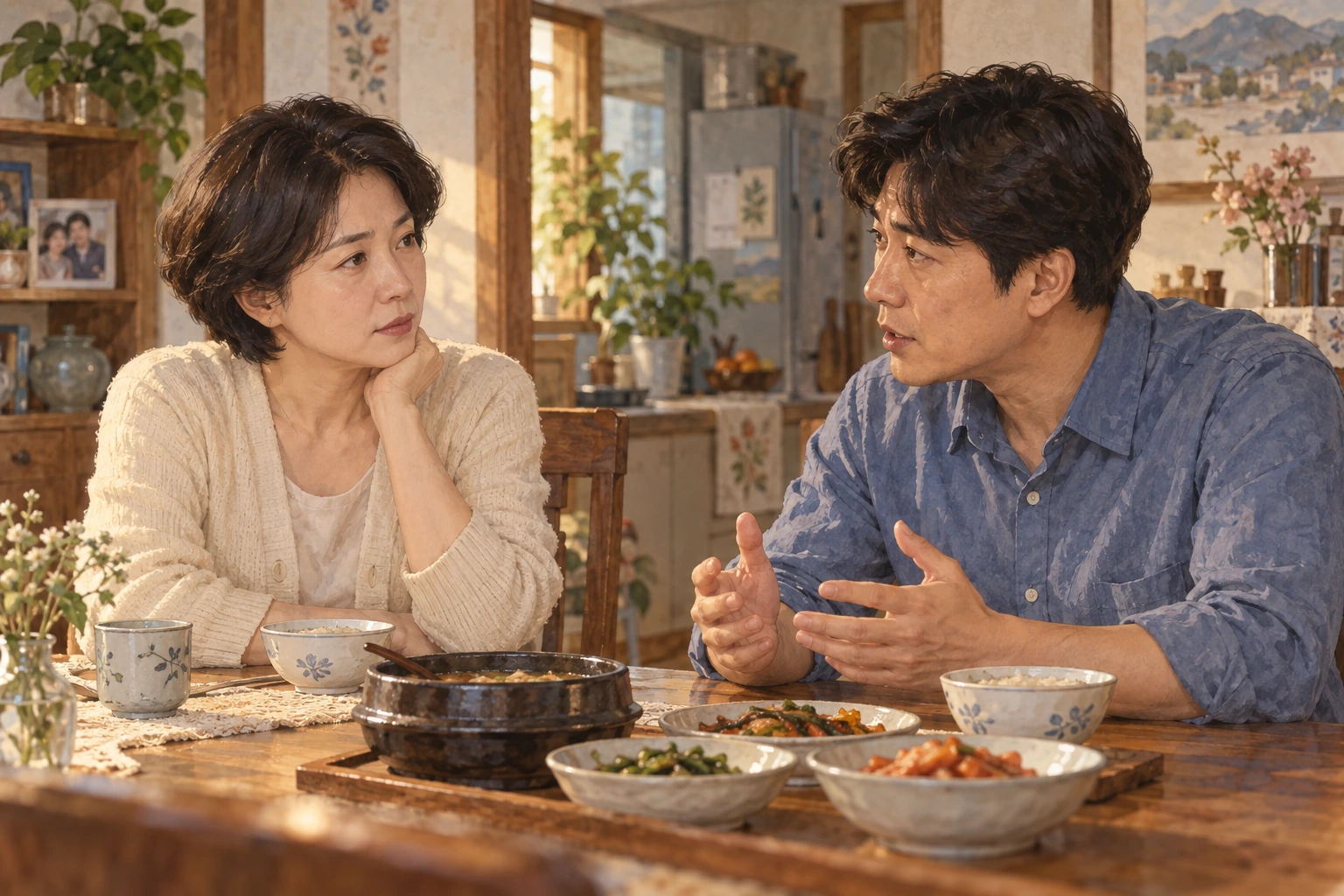 크림색 카디건의 영선이 식탁에서 동생의 부탁을 듣는 모습