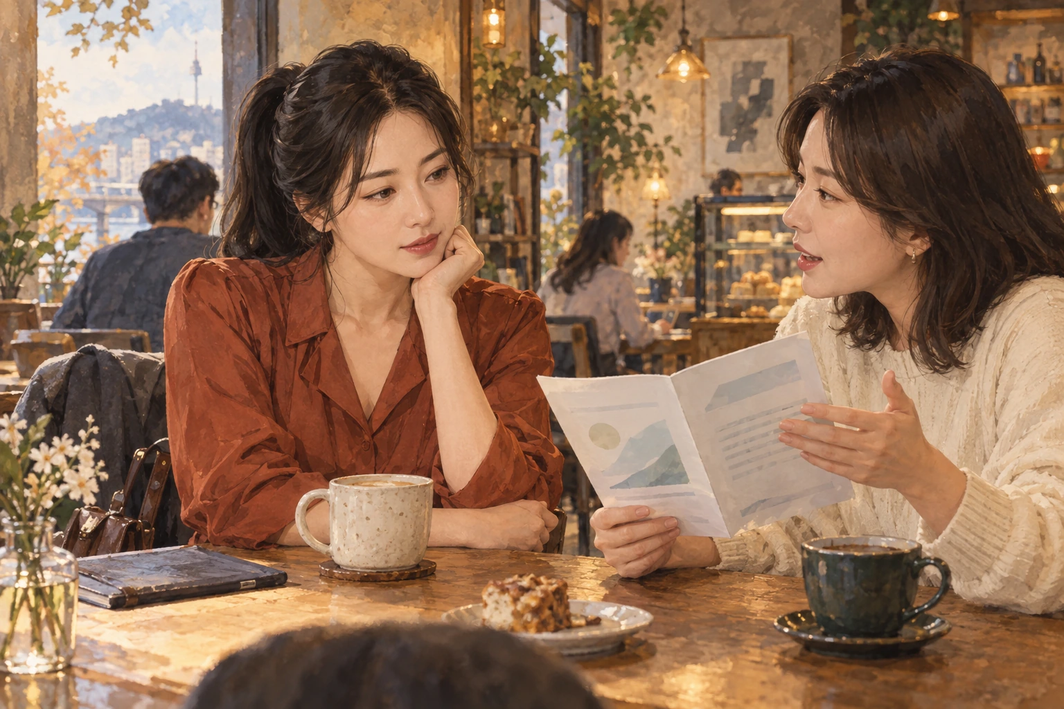 은별이 식탁에서 친구와 절세 계좌 안내를 읽는 모습