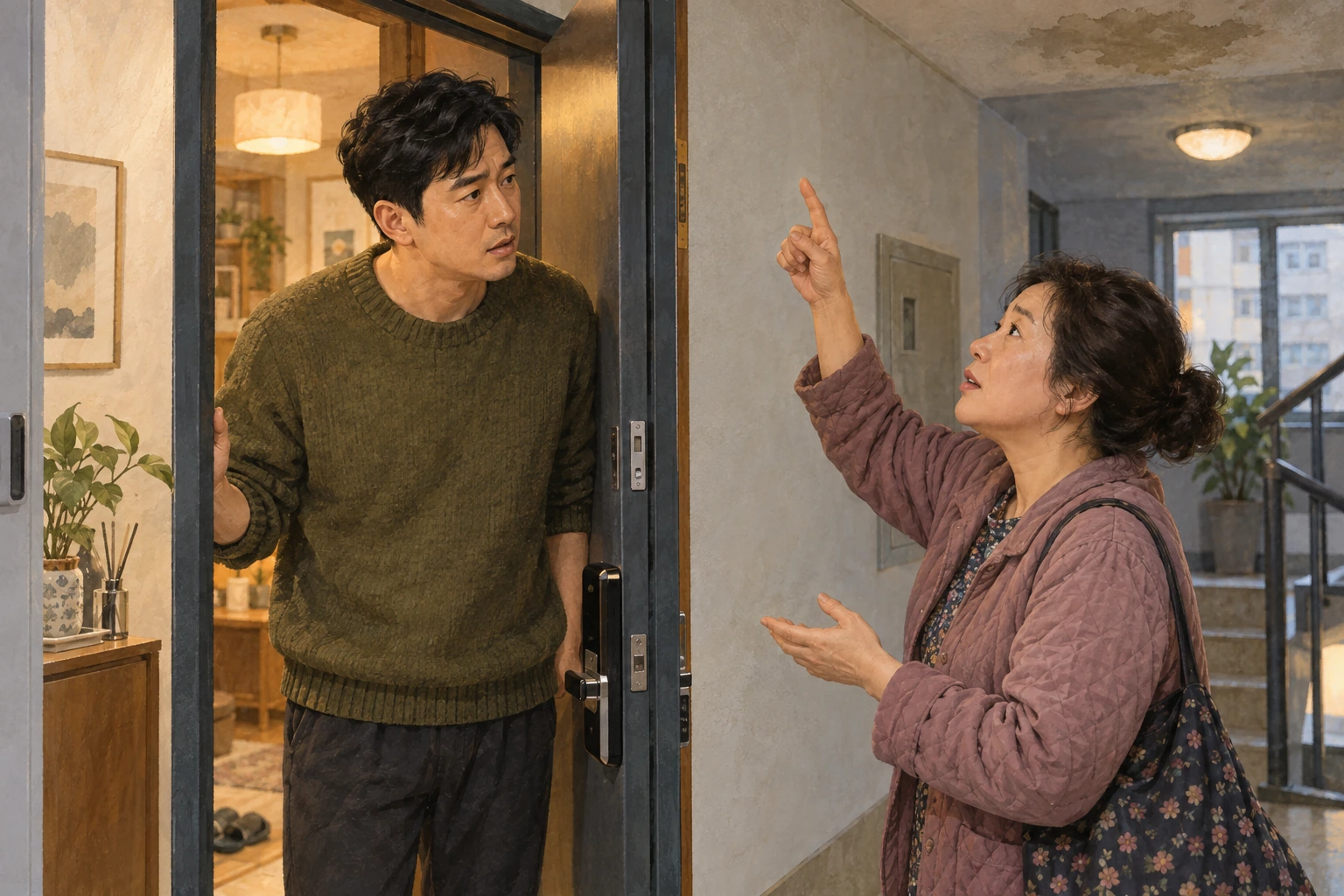 민수가 누수를 알리러 온 아랫집 이웃의 설명을 듣는 모습