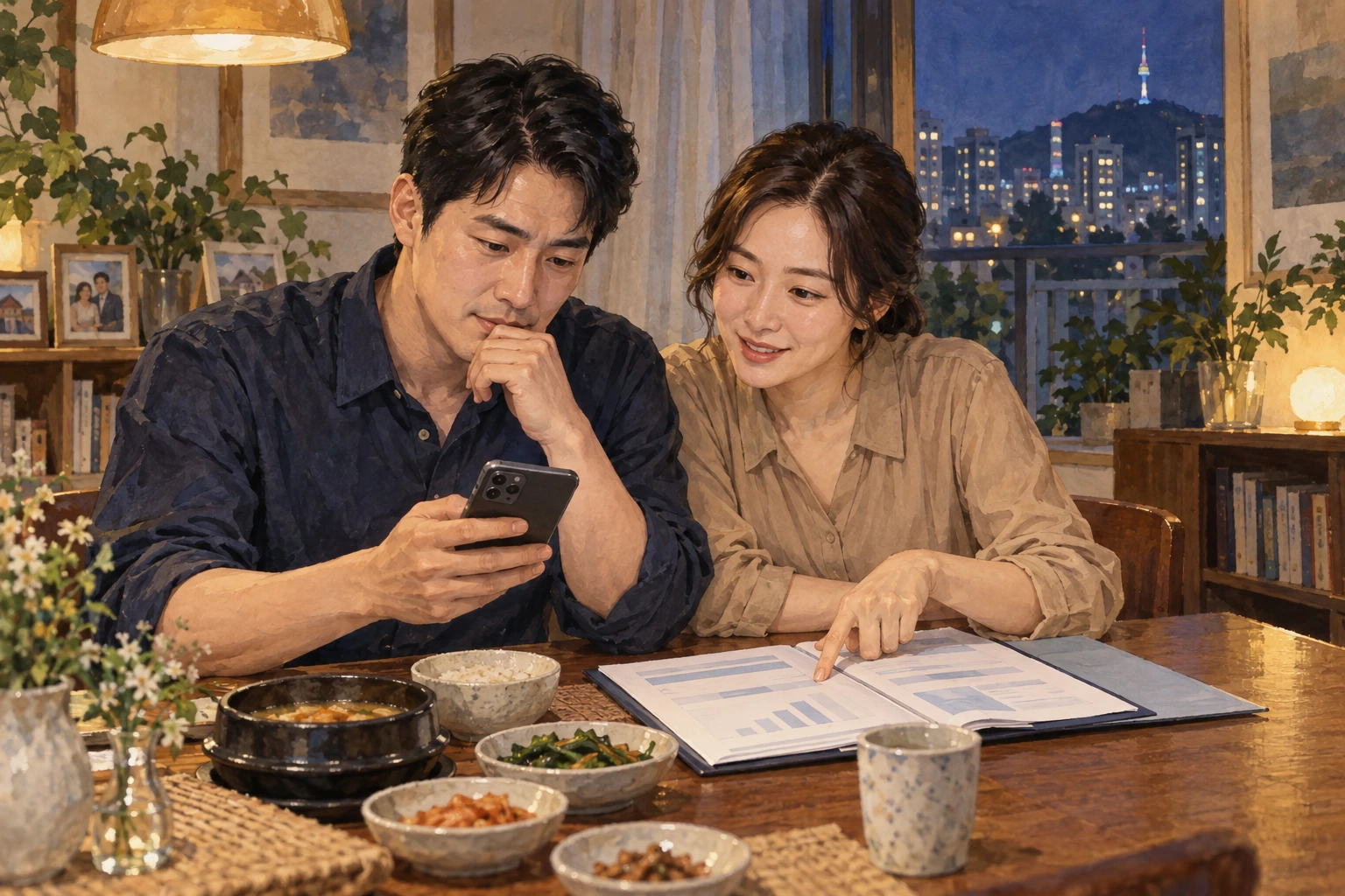 저녁 식탁에서 대환 안내를 살피는 준석 부부