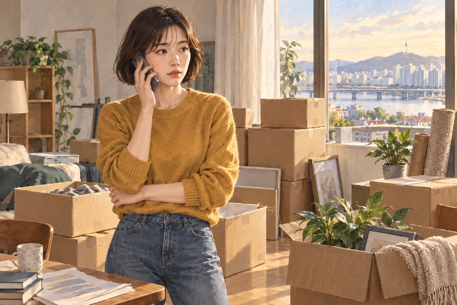 상자 옆에서 반환 지연 전화를 받는 다은