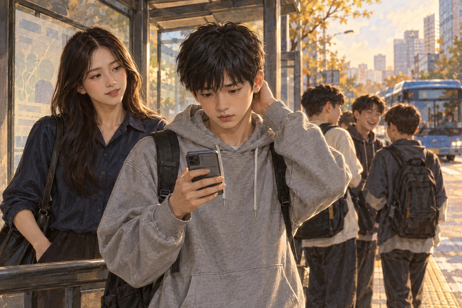 회색 후드티의 태오가 버스정류장에서 단체방 알림을 보고 망설이는 모습